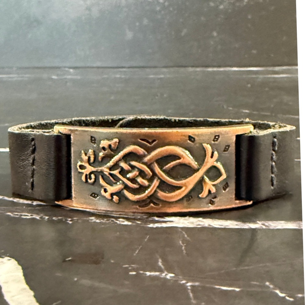 Celtic Leather and Embossed Metal Cuff Bracelet Adjustable Size 8in Long